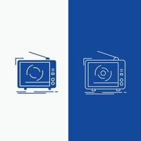 la télé. un d. La publicité. télévision. définir la ligne et le bouton web glyphe dans la bannière verticale de couleur bleue pour l'interface utilisateur et l'ux. site web ou application mobile vecteur