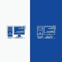 ordinateur, ordinateur de bureau, matériel, poste de travail, ligne système et bouton web glyphe en bannière verticale de couleur bleue pour ui et ux, site web ou application mobile vecteur