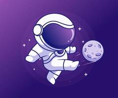 astronaute mignon jouant l'illustration d'icône de vecteur de dessin animé de ballon de football de lune.