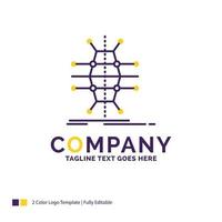 création du logo du nom de l'entreprise pour la distribution, le réseau, l'infrastructure, le réseau, l'intelligence. conception de nom de marque violet et jaune avec place pour le slogan. vecteur