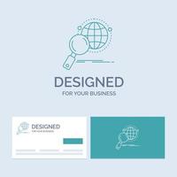 global. globe. loupe. rechercher. symbole d'icône de ligne de logo d'entreprise mondiale pour votre entreprise. cartes de visite turquoise avec modèle de logo de marque vecteur