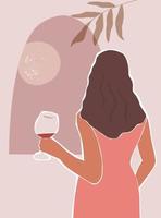 une belle fille aux cheveux longs vêtue d'une robe avec un verre à la main se tient dos à la fenêtre. femme avec affiche abstraite de vin. graphiques vectoriels. vecteur