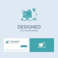 lieu de travail, poste de travail, bureau, lampe, symbole d'icône de glyphe de logo d'entreprise informatique pour votre entreprise. cartes de visite turquoise avec modèle de logo de marque. vecteur