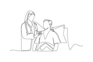 une ligne continue dessinant une femme médecin prenant soin d'un patient souffrant à l'hôpital. concept de médecin et de patient. illustration graphique vectorielle de dessin à une seule ligne. vecteur