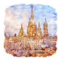 cathédrale de barcelone croquis aquarelle illustration dessinée à la main vecteur