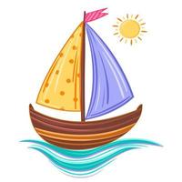 illustration vectorielle peint bateau coloré sur les vagues bleues avec soleil jaune vecteur