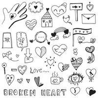 coeur brisé et amour coeur doodle vector set