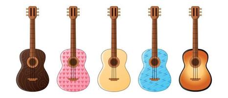 guitares acoustiques sur fond blanc. instrument de musique. un ensemble de guitares. 3 guitares classiques, une guitare rose et une guitare bleue. illustration vectorielle. vecteur