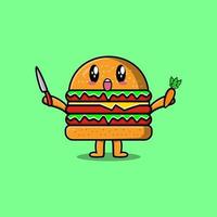 burger de dessin animé mignon tenant un couteau et une carotte vecteur