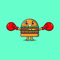 mignon, burger, mascotte, dessin animé, jouer, sport, boxe vecteur