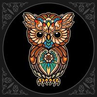 arts de mandala oiseau hibou coloré isolé sur fond noir vecteur