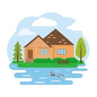 maison de vacances de style plat. Clipart de printemps maison d'été avec lac sur fond blanc vecteur