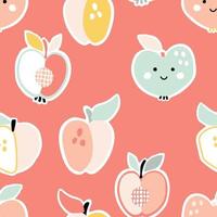 autocollants de pêches de dessin animé souriant sur fond rose. illustration vectorielle de personnages de fruits pour la cuisine ou la pépinière. modèle sans couture avec de la nourriture mignonne à utiliser sur du textile ou du tissu vecteur