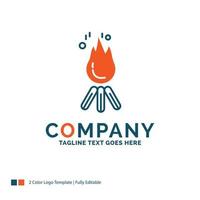 Feu. flamme. feu. camping. création de logo de camping. design de nom de marque bleu et orange. place pour le slogan. modèle de logo d'entreprise. vecteur