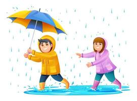 heureux garçon et fille jouant sous la pluie illustration de dessin animé vecteur