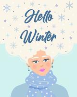 belle fille dans une écharpe avec des flocons de neige, des étoiles et de la neige dans les cheveux. bonjour citation d'hiver. portrait coloré de personnage féminin. vecteur