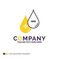 création de logo de nom de société pour le sang. goutte. liquide. plus. moins. conception de nom de marque violet et jaune avec place pour le slogan. modèle de logo créatif pour petites et grandes entreprises. vecteur