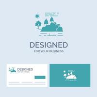 colline. paysage. la nature. Montagne. symbole d'icône de glyphe de logo d'entreprise de pluie pour votre entreprise. cartes de visite turquoise avec modèle de logo de marque. vecteur