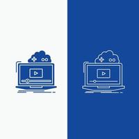 nuage. Jeu. en ligne. diffusion. ligne vidéo et bouton web glyphe dans une bannière verticale de couleur bleue pour ui et ux. site web ou application mobile vecteur