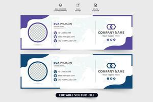 vecteur de signature de courrier électronique d'entreprise avec des couleurs violettes et bleu foncé. pied de page d'e-mail d'entreprise et conception de signature avec des formes abstraites. conception d'interface de diffusion professionnelle pour la couverture des médias sociaux.