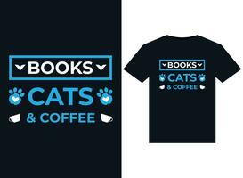 livres de chats et illustrations de café pour la conception de t-shirts prêts à imprimer vecteur