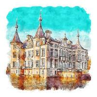 architecture château belgique croquis aquarelle illustration dessinée à la main vecteur