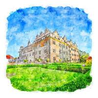 architecture château france croquis aquarelle illustration dessinée à la main vecteur