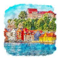 bergen norvège croquis aquarelle illustration dessinée à la main vecteur