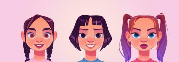 avatars de filles, visages de personnages d'adolescentes vecteur