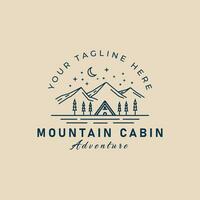 logo d'art de ligne de cabine de montagne avec conception d'illustration vectorielle de forêt et de lune vecteur