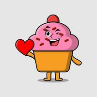 personnage de cupcake dessin animé mignon tenir grand coeur rouge vecteur