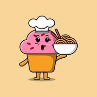 chef de cupcake dessin animé mignon tenant des nouilles dans un bol vecteur