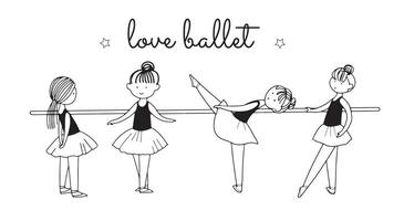 ensemble de mignons petits personnages de ballerines dansantes en jupes de ballet. illustration graphique vectorielle linéaire simple isolée sur blanc. idéal pour le design féminin, t-shirt vecteur