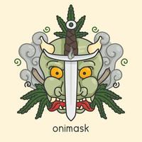 onimask vert et un poignard de fumée japon gravure rétro doodle illustration vectorielle de dessin animé plat vecteur