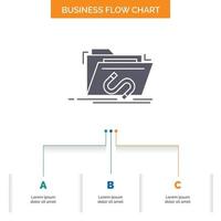porte arrière. exploiter. dossier. l'Internet. conception d'organigramme d'entreprise de logiciel avec 3 étapes. icône de glyphe pour la place du modèle d'arrière-plan de présentation pour le texte. vecteur