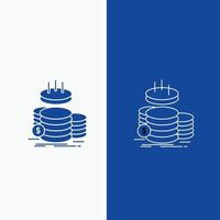 pièces de monnaie. finance. or. le revenu. ligne d'épargne et bouton web glyphe dans une bannière verticale de couleur bleue pour ui et ux. site web ou application mobile vecteur