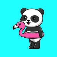 panda mignon avec illustration d'icônes vectorielles de dessin animé de pneus de natation flamingo. concept de dessin animé plat. adapté à tout projet créatif. vecteur