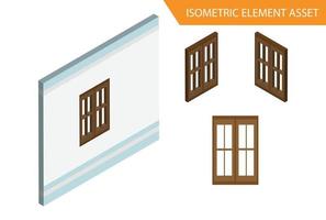 vecteur de fenêtre en bois isométrique sur fond blanc isolé, adapté à l'actif de jeu et à d'autres actifs graphiques