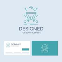 bataille. emblème. viking. guerrier. symbole d'icône de ligne de logo d'entreprise d'épées pour votre entreprise. cartes de visite turquoise avec modèle de logo de marque vecteur