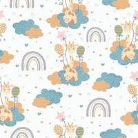 mignonne petite girafe assise sur des nuages avec des ballons. modèle sans couture pour les affiches, les impressions sur tissu et les cartes pour enfants. vecteur