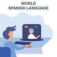 illustration graphique vectoriel d'une personne communique en espagnol via un ordinateur portable, parfait pour la journée internationale, la langue espagnole mondiale, célébrer, carte de voeux, etc.