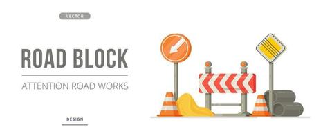 illustration vectorielle de bannière de barrage routier. travaux de réparation sur la route. blocage de la route. vecteur