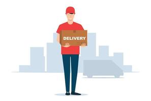 le jeune courrier masculin tient une boîte dans ses mains. livraison à la porte. illustration vectorielle vecteur