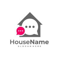 logo home and talk - maison avec cheminée et symbole de chat ou de message. agence immobilière et immobilière, icône de vecteur de discussion, de conversation et de communication.