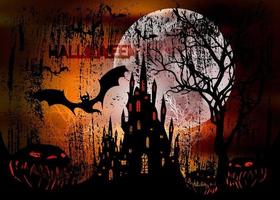 fête d'halloween, illustration vectorielle mystique, fond orange foncé sur une pleine lune effrayante avec des silhouettes de personnages et des chauves-souris effrayantes avec un château hanté gothique, concept de thème d'horreur vecteur