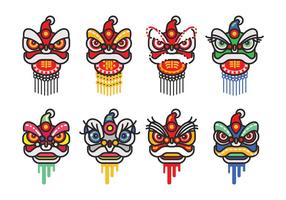 Chinois Nouvel An Lion Dance Head Minimaliste Flat Vector Icon Set