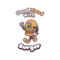 rétro vintage vieux t-shirt sur le thème de la bonne humeur avec burger vecteur