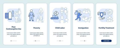 causes de la surpopulation écran d'application mobile d'intégration bleu clair. instructions graphiques modifiables en 5 étapes avec des concepts linéaires. ui, ux, modèle d'interface graphique. vecteur