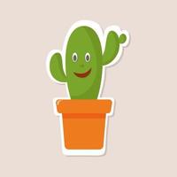 autocollant de couleur avec cactus drôle de bande dessinée. personnage kawaii souriant peint. fleur avec des yeux. plante d'intérieur avec contour blanc. illustration vectorielle vecteur
