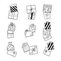 éléments de cadeaux de doodle de ligne noire. illustration vectorielle sur noël ou anniversaire. vecteur